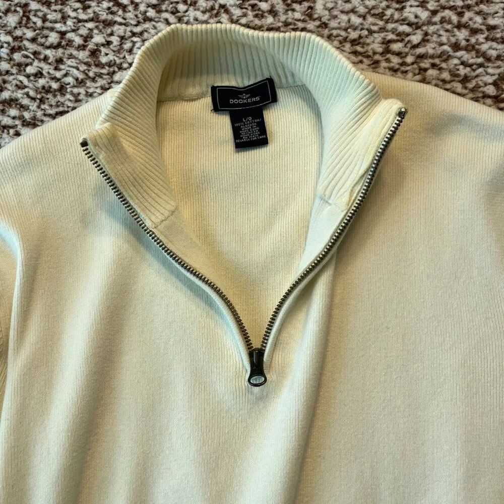 Dockers Men’s Quarter Zip Sweater Large White Regular Fit Ribbed Collar Pullover